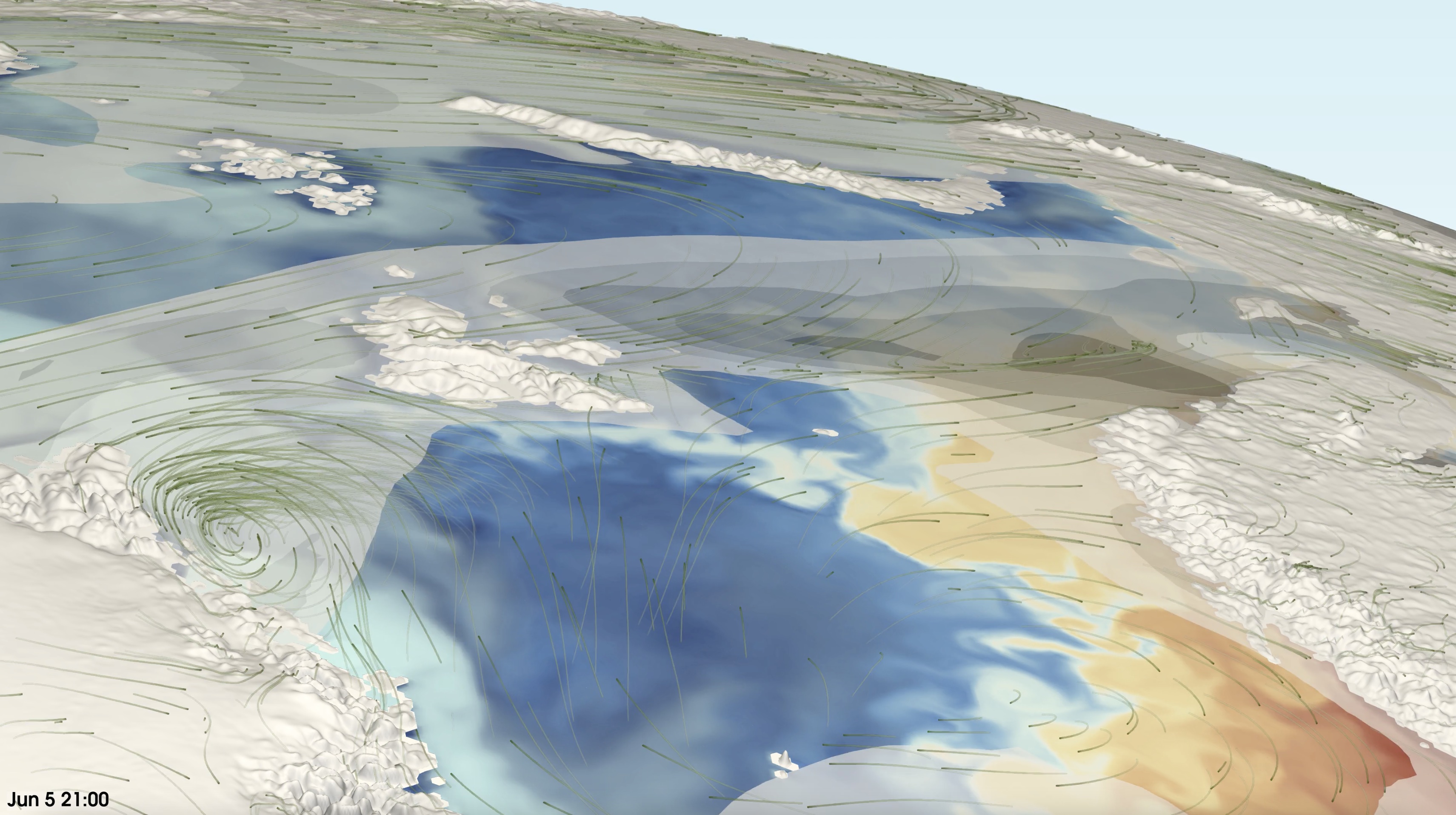 Images from the DOE’s E3SM global climate model showing atmospheric ‘rivers’ carrying moisture from lower latitudes to the very far north arctic.  Several relevant model components are shown including wind, ocean temperature and sea-ice coverage.