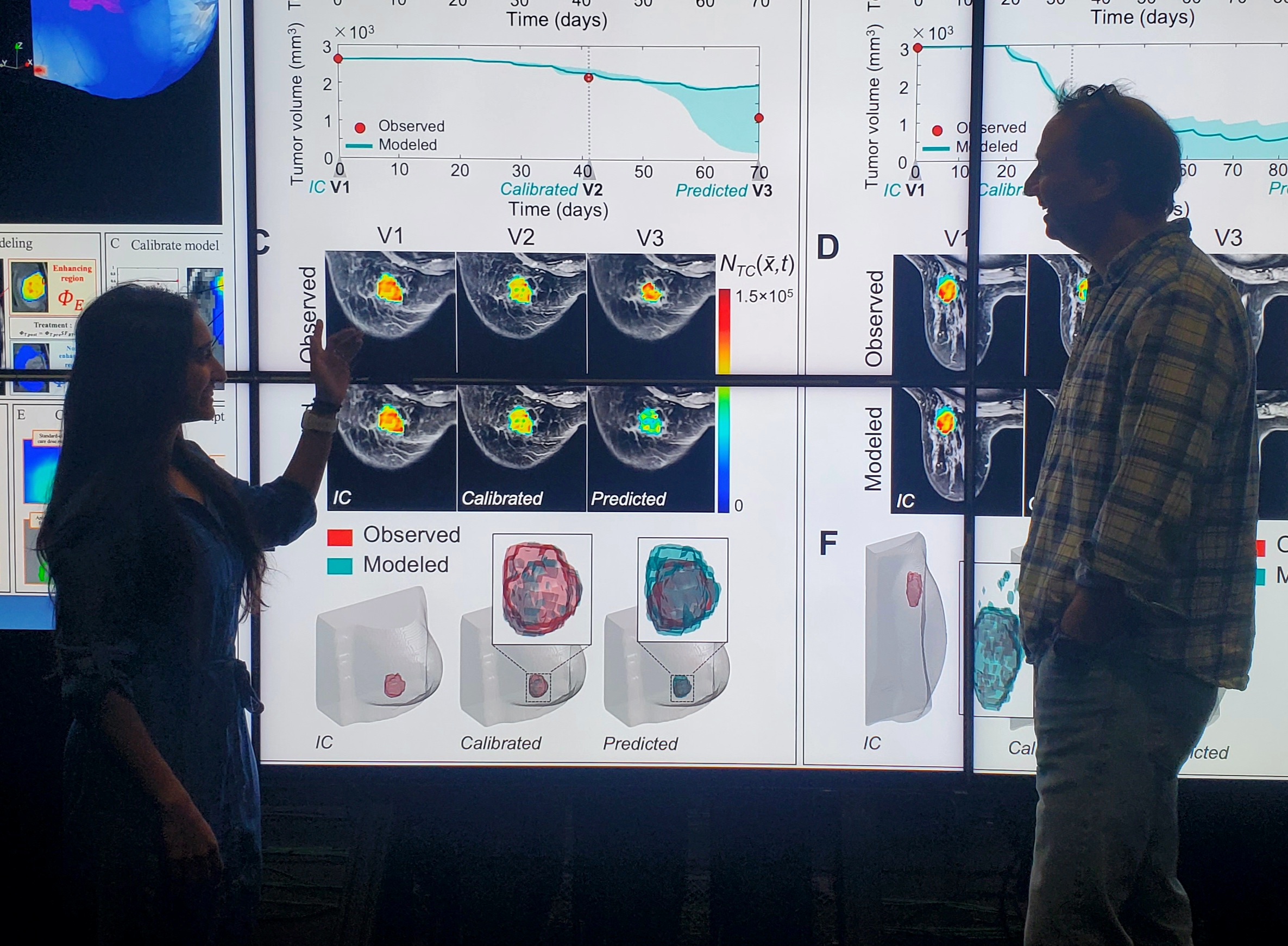 Biomedical engineering graduate student Reshmi Patel summarizes her predictive modeling work to her advisor, Tom Yankeelov.