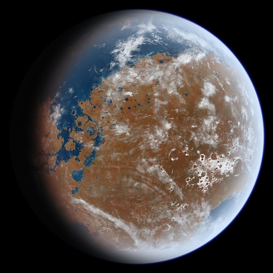Early Mars, as it may have been, billions of years ago. Graduate students published research that suggests much of the planet’s water was locked underground. Credit: Ittiz/Wikimedia Commons