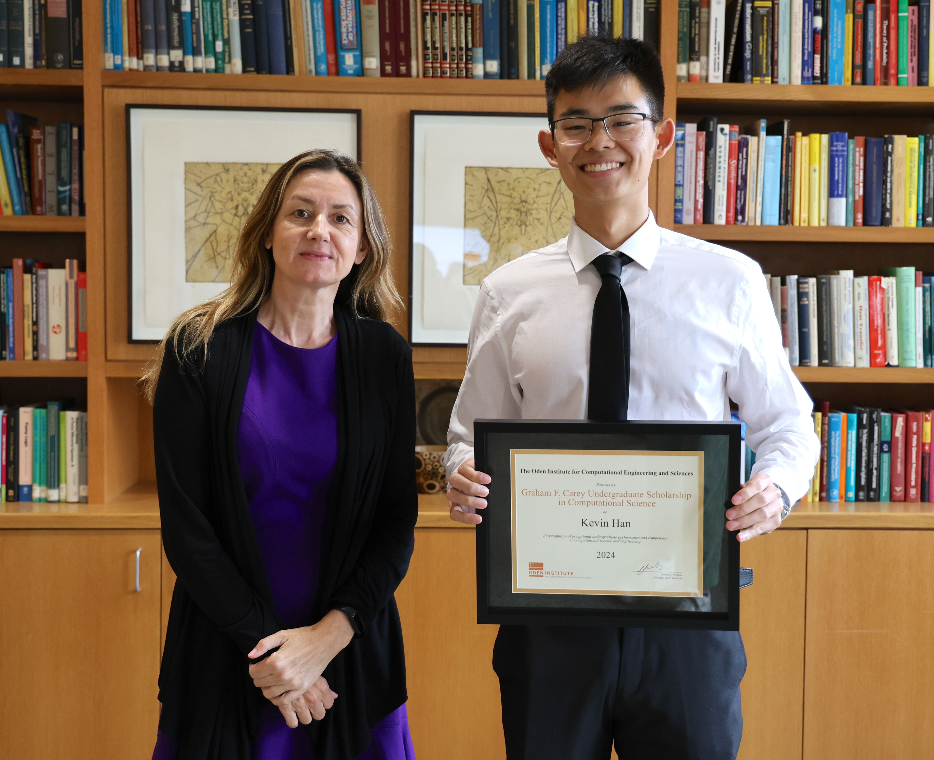 Kevin Han received the Graham F. Carey Computational Science Scholarship from Oden Institute Director Karen Willcox. Credit: Oden Institute