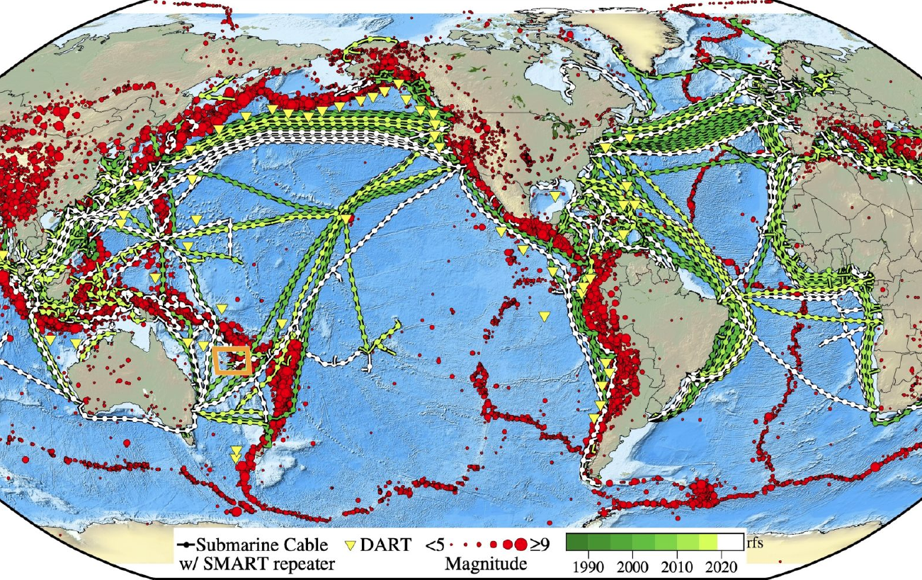 Deep ocean telecommunications cables spanning the globe could host sensors for temperature, pressure, seismic activity etc. Current cables (green); in progress/planned (white); and historic (red). Credit: The University of Hawai‘i (UH) at Mānoa.