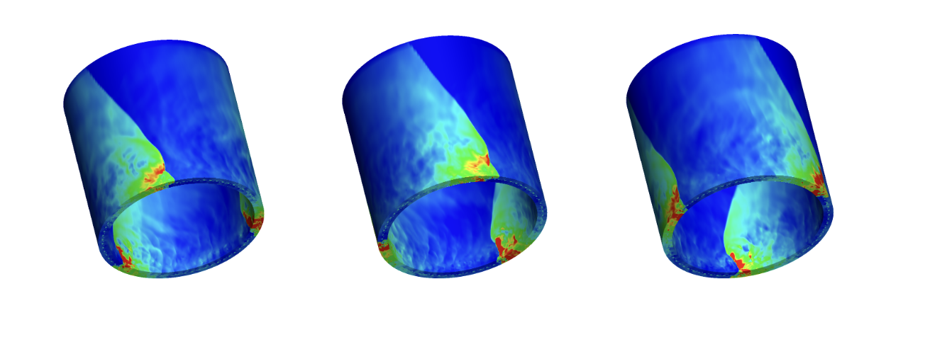 These plots show the pressure fields over time for a rotating detonation rocket engine, where the detonation wave rotates around the annulus of the engine and creates thrust. Credit: Farcas