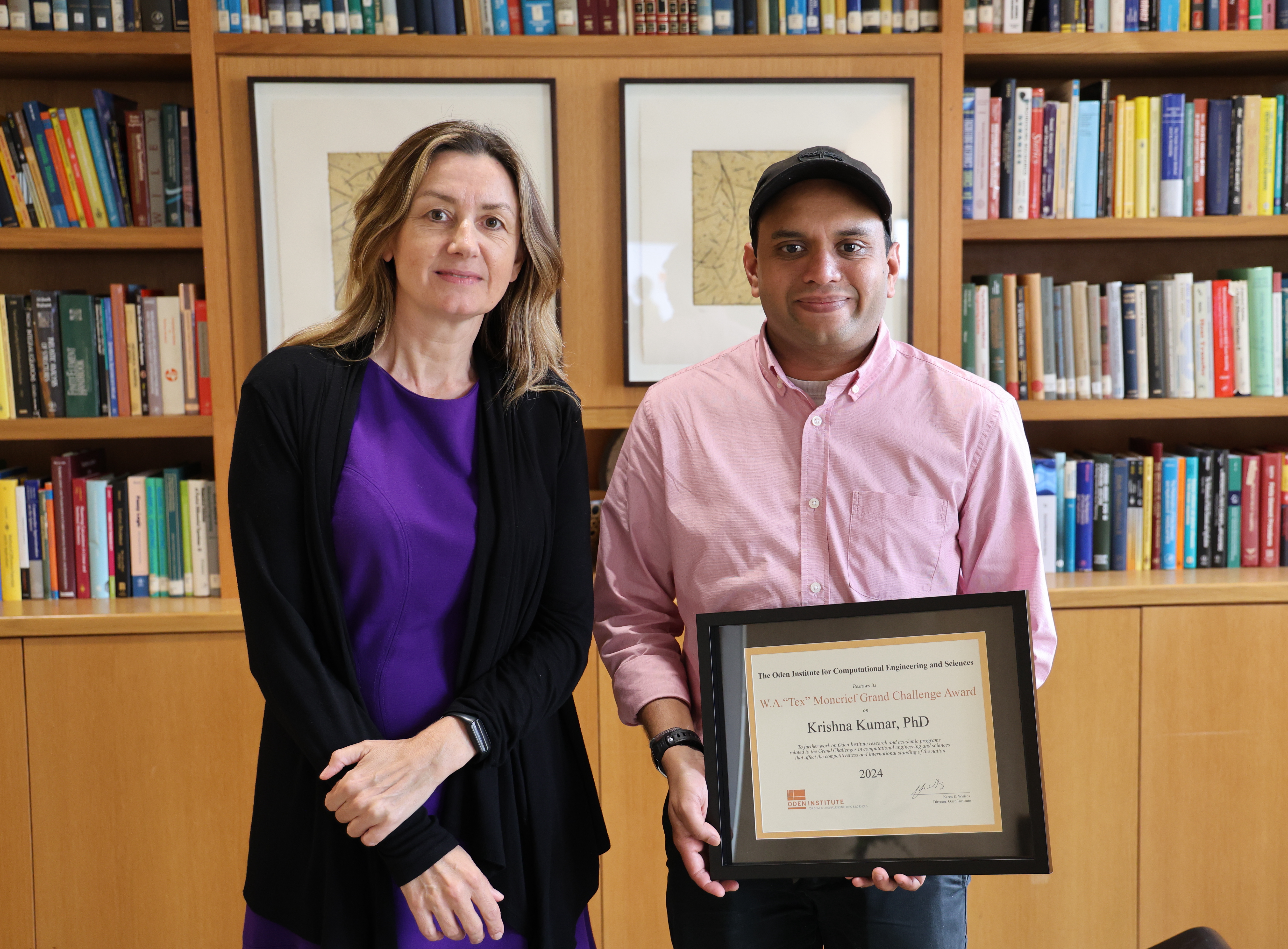 Krishna Kumar was one of the Oden Institute 2024 Grand Challenge Award recipients, pictured with Karen Willcox, Director of the Oden Institute.