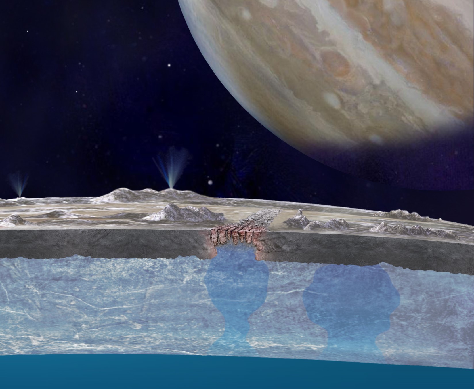 An artist’s interpretation of liquid water on the surface of the Europa pooling beneath chaos terrain. Credit: : NASA/JPL-Caltech