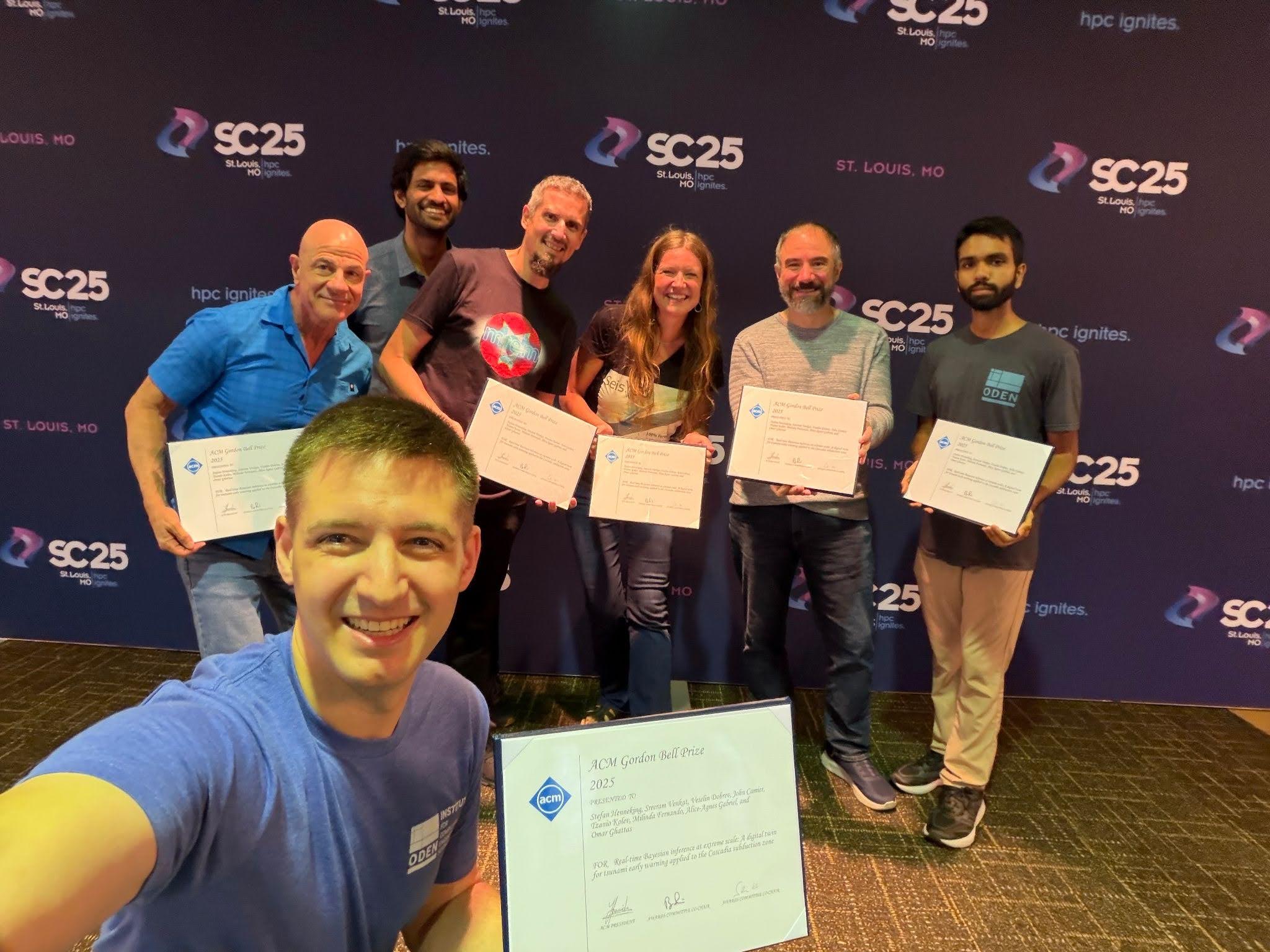 The winning team of the 2025 ACM Gordon Bell Prize at the SC25 conference in St. Louis, MO. In front: Stefan Henneking. In the back (from left to right): Omar Ghattas, Milinda Fernando, John Camier, Alice-Agnes Gabriel, Tzanio Kolev, Sreeram Venkat.