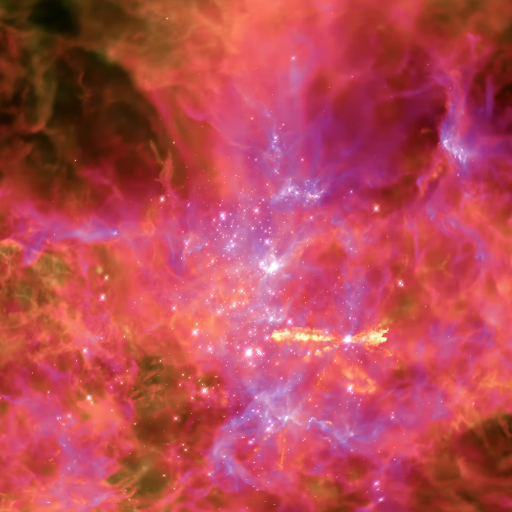 Still from a movie following the evolution of a massive (20,000 solar mass) star-forming molecular cloud nicknamed the "Anvil of Creation," showing the stars and gas after millions of years. The simulation includes individual star formation.*