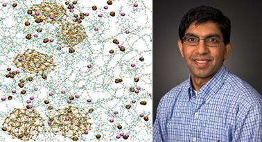 Ganesan's simulation showing part of an equilibrated system containing PEO melt, Li+and BF−4 ions as well as Al2O3 nano particle. Various phenomena likecation-anion pairing, mean free path of free ions,polymer segmental dynamics, local relaxation and ion/PEOcoordination around nano particle surface play a significant role on ion transport. 